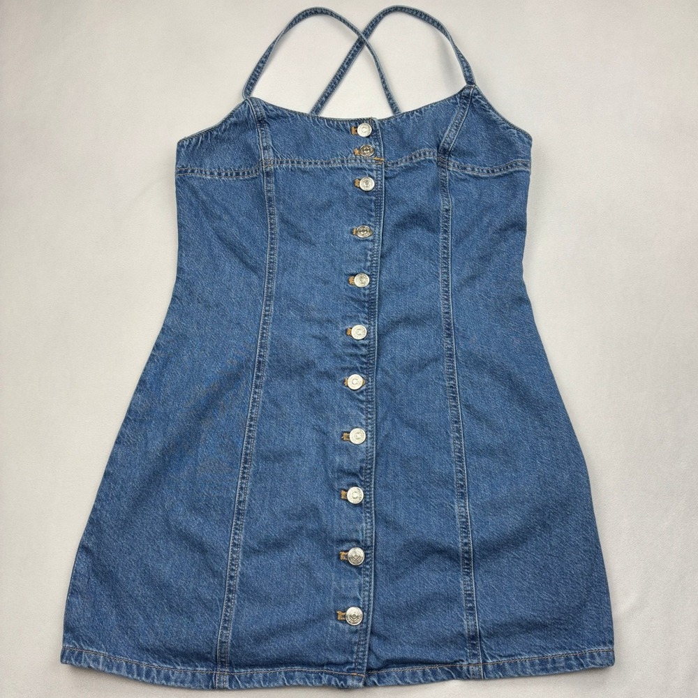 Zara Dress Womens Medium Blue Denim Button Front Cami Mini Criss Cross Cotton M